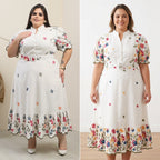 Vestido Midi Plus Size em Linho com Cinto Forrado e Botões no Busto