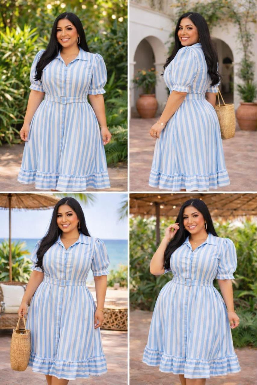 Vestido Midi Plus Size Listrado com Cinto Forrado – Tecido Flame