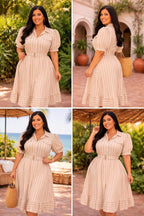 Vestido Midi Plus Size Listrado com Cinto Forrado – Tecido Flame