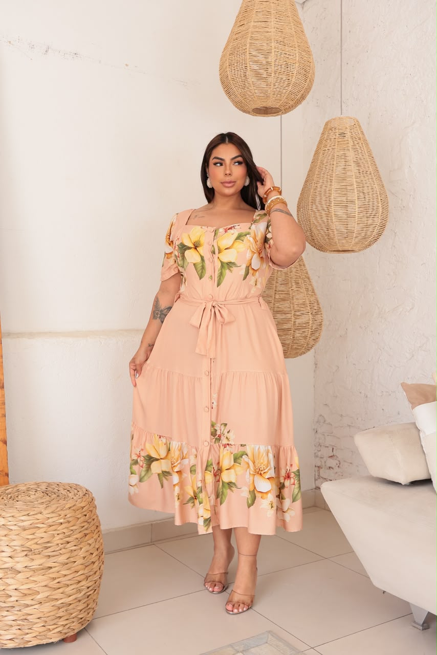 Chamise Plus Size Floral com Cinto e Bolso – Tecido Viscolinho