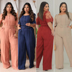 Macacão Longo Plus Size em Linho com Detalhes na Manga, Bolso e Cinto Forrado