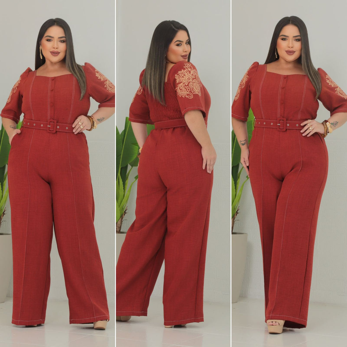 Macacão Longo Plus Size em Linho com Detalhes na Manga, Bolso e Cinto Forrado