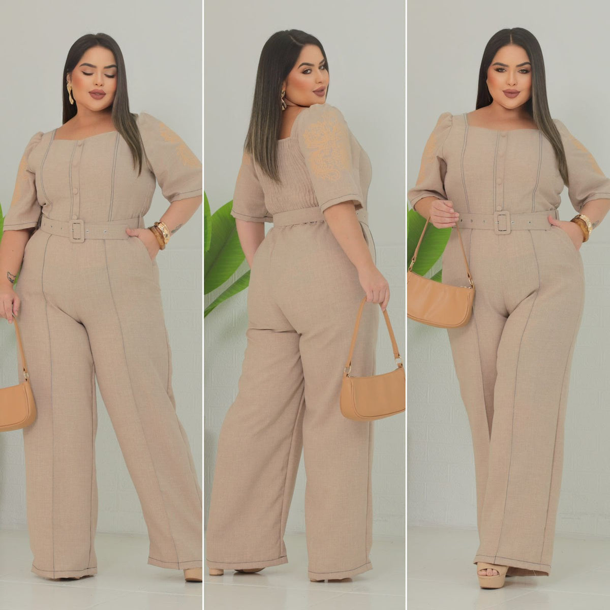 Macacão Longo Plus Size em Linho com Detalhes na Manga, Bolso e Cinto Forrado
