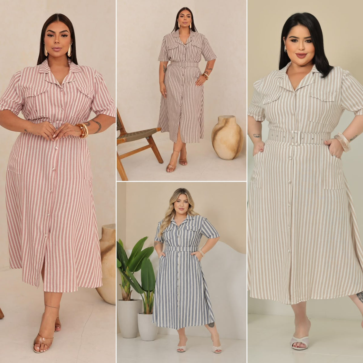 Chamise Plus Size Listrado com Cinto Forrado e Bolsos – Tecido Linho