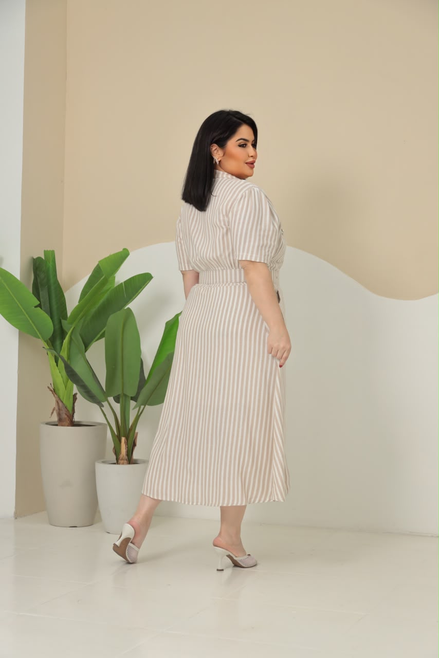 Chamise Plus Size Listrado com Cinto Forrado e Bolsos – Tecido Linho