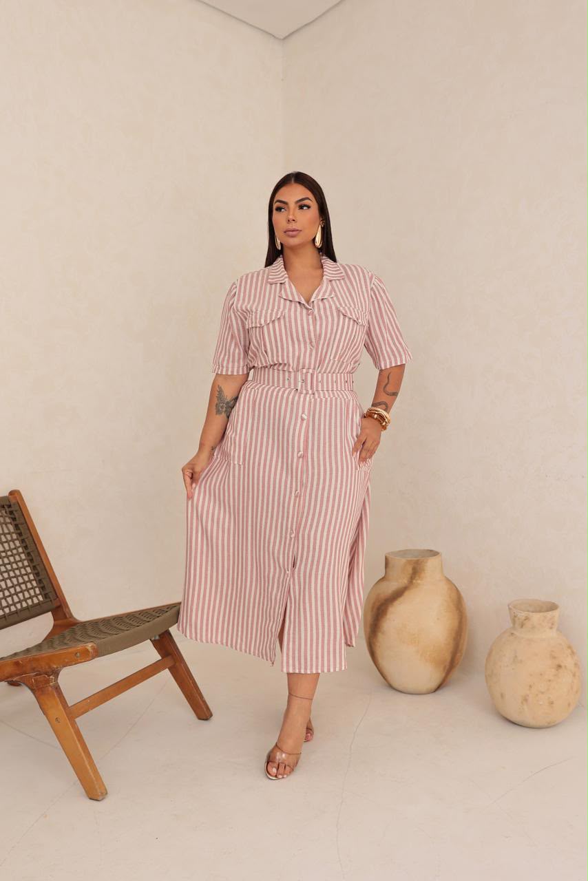 Chamise Plus Size Listrado com Cinto Forrado e Bolsos – Tecido Linho