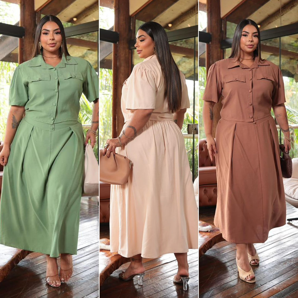Conjunto Midi Plus Size de Blusa e Saia - Tecido Sensorial Marrant