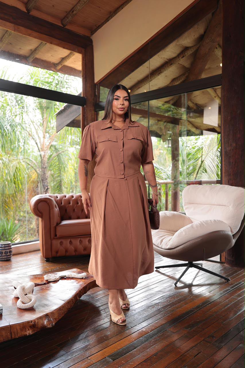 Conjunto Midi Plus Size de Blusa e Saia - Tecido Sensorial Marrant