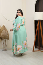 Vestido Longo Plus Size de Manga Longa - Tecido Jacquard