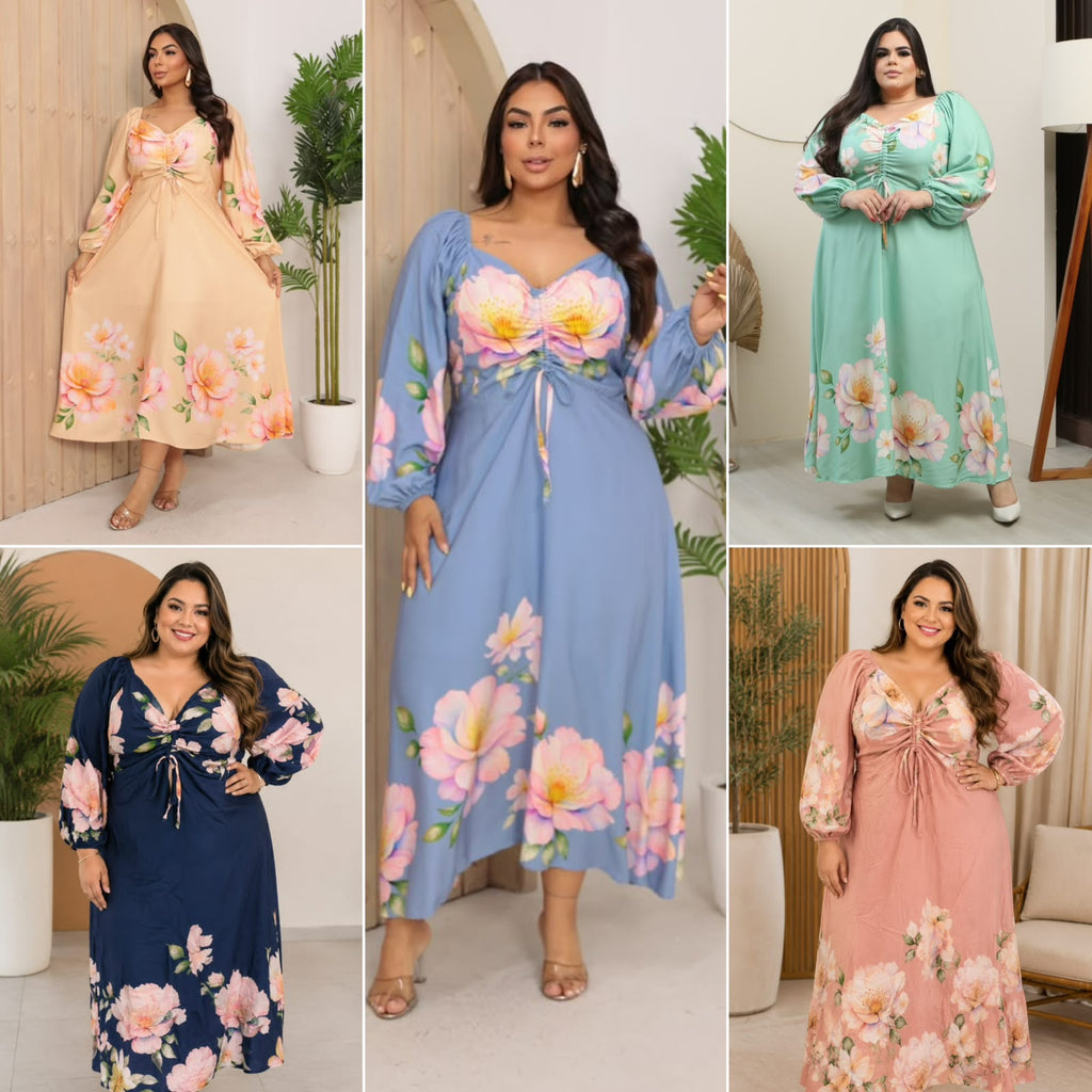 Vestido Longo Plus Size de Manga Longa - Tecido Jacquard