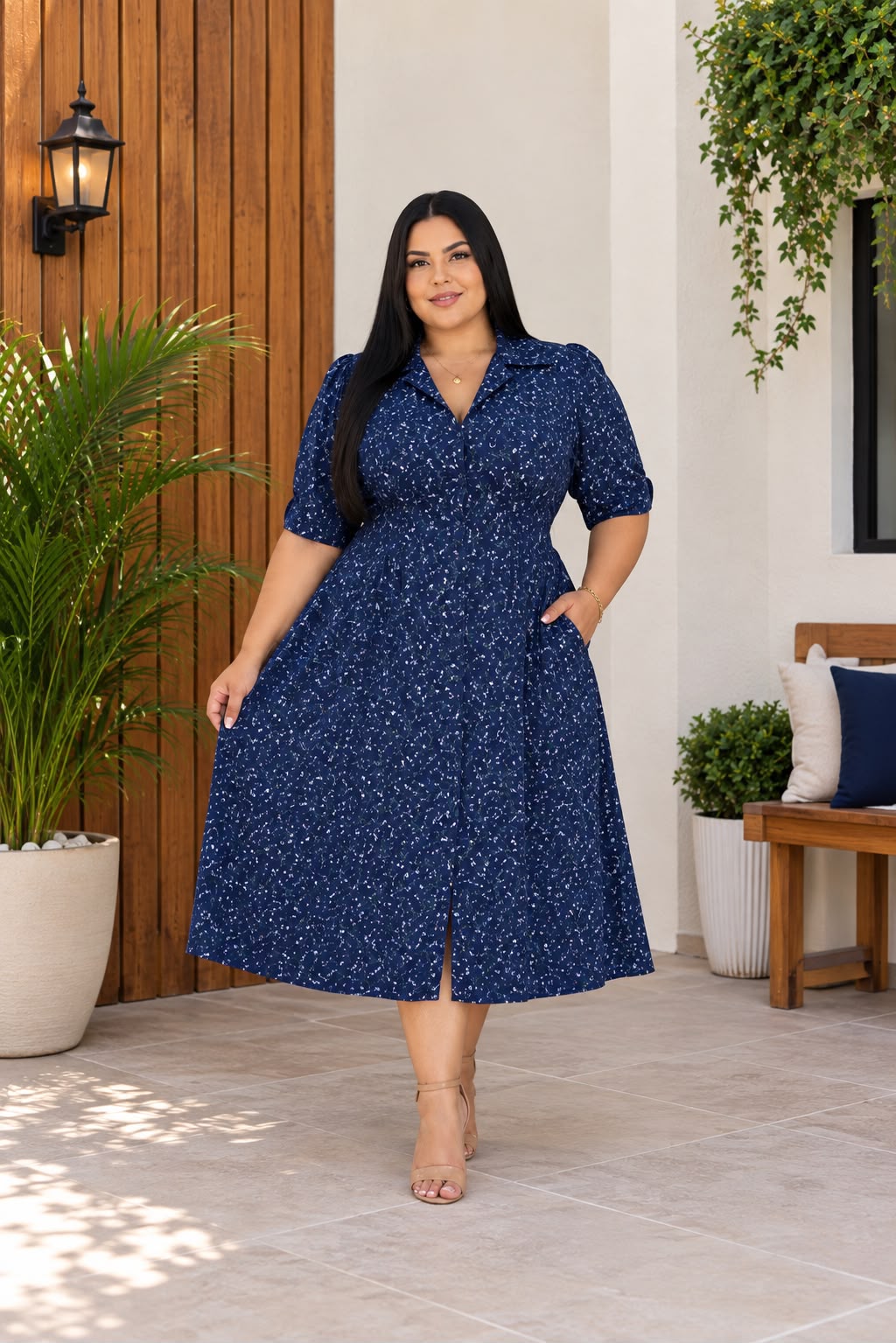 Chemise Plus Size com Estampa Floral e Detalhe na Cintura - Tecido Viscomida