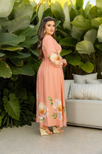 Vestido Longo de Manga Longa - Tecido Jacquard