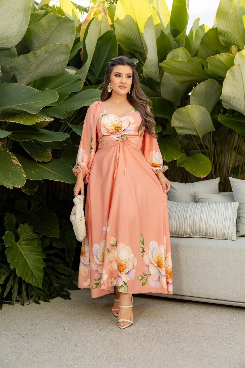 Vestido Longo de Manga Longa - Tecido Jacquard