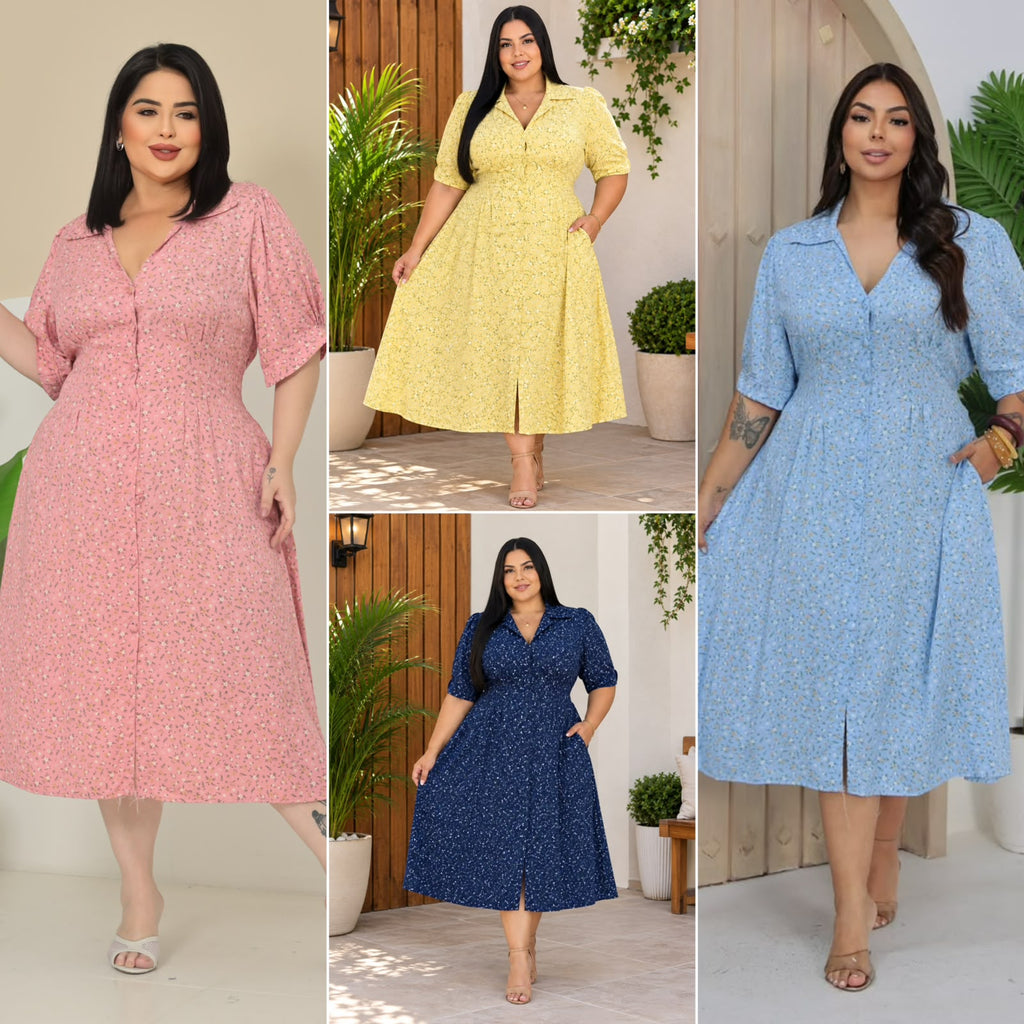 Chemise Plus Size Floral com Detalhe na Cintura - Tecido Viscomida