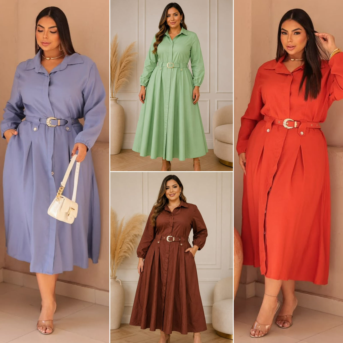 Chemise Plus Size de Manga Longa com Cinto e Bolsos - Tecido Sensorial