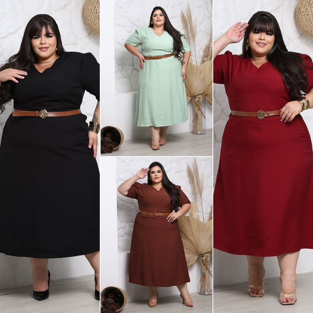 Vestido Midi Plus Size com Cinto - Tecido Sensorial