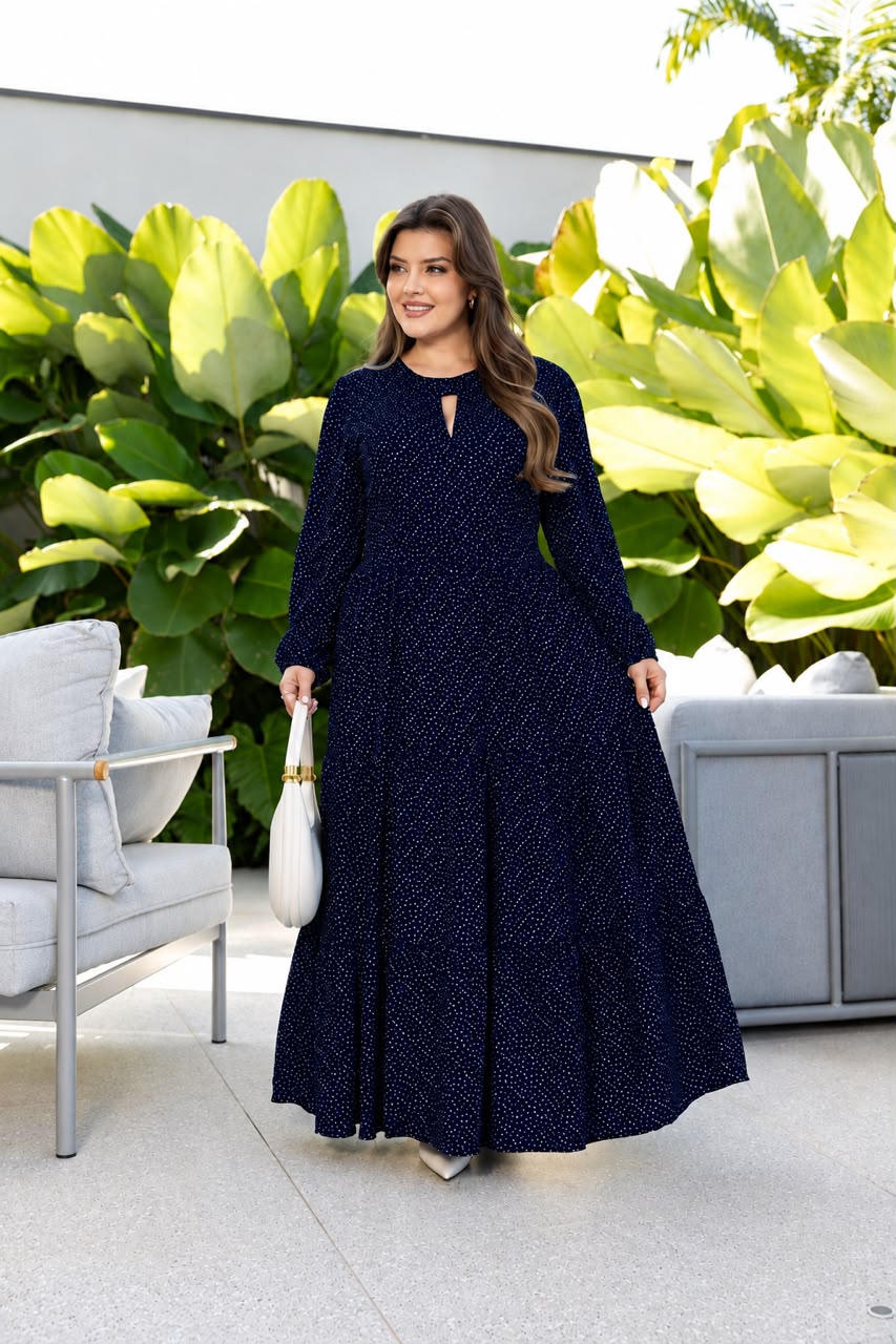 Vestido Longo com Detalhes na Frente - Crepe Twill e Viscolinho Sarjado
