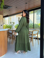 Vestido Longo com Detalhes na Frente - Crepe Twill e Viscolinho Sarjado