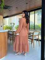 Vestido Longo com Detalhes na Frente - Crepe Twill e Viscolinho Sarjado