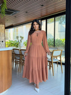 Vestido Longo com Detalhes na Frente - Crepe Twill e Viscolinho Sarjado