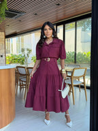Conjunto Feminino de Blusa e Saia com Cinto – Tecido Sensorial