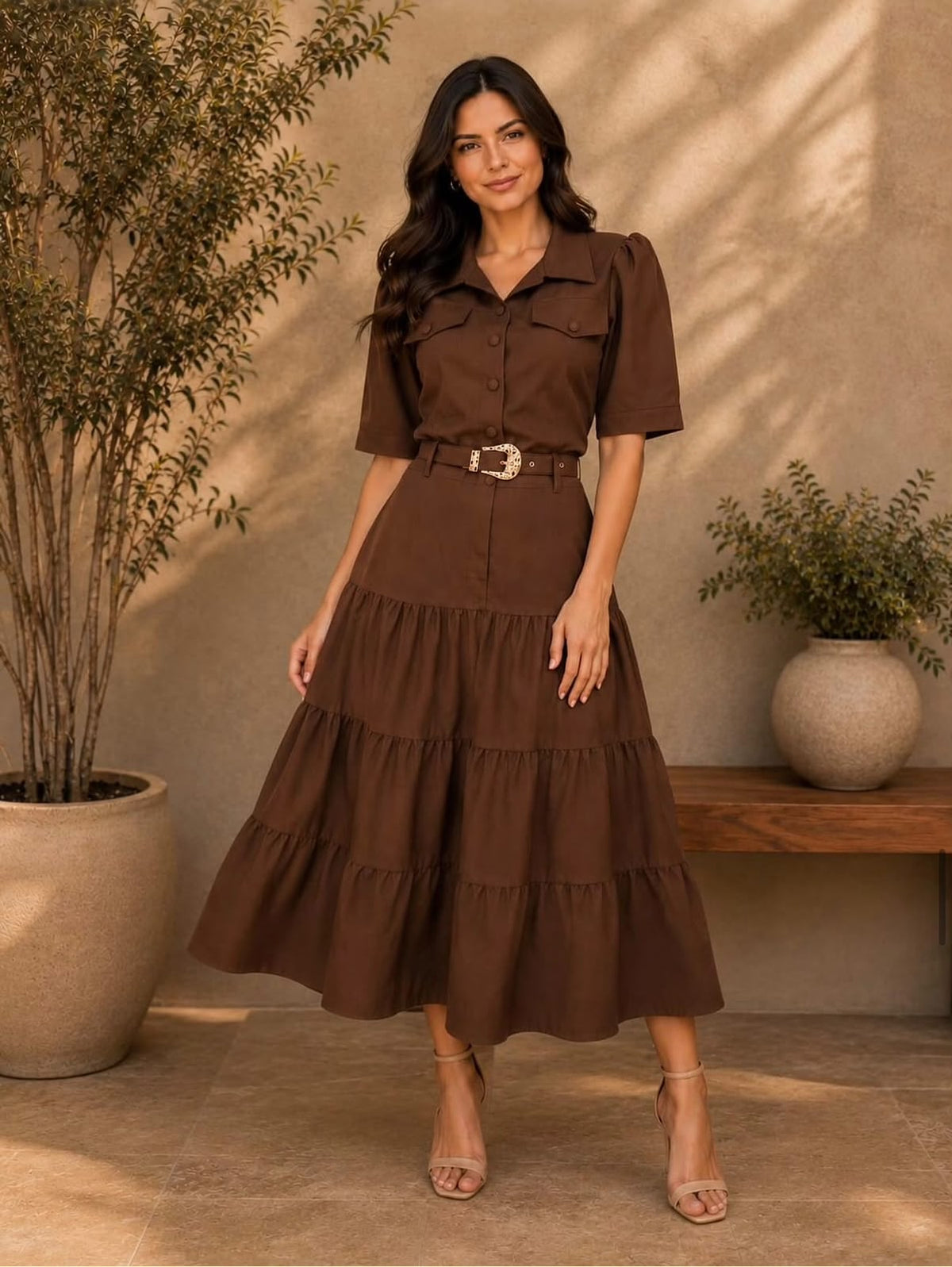Conjunto Feminino de Blusa e Saia com Cinto – Tecido Sensorial