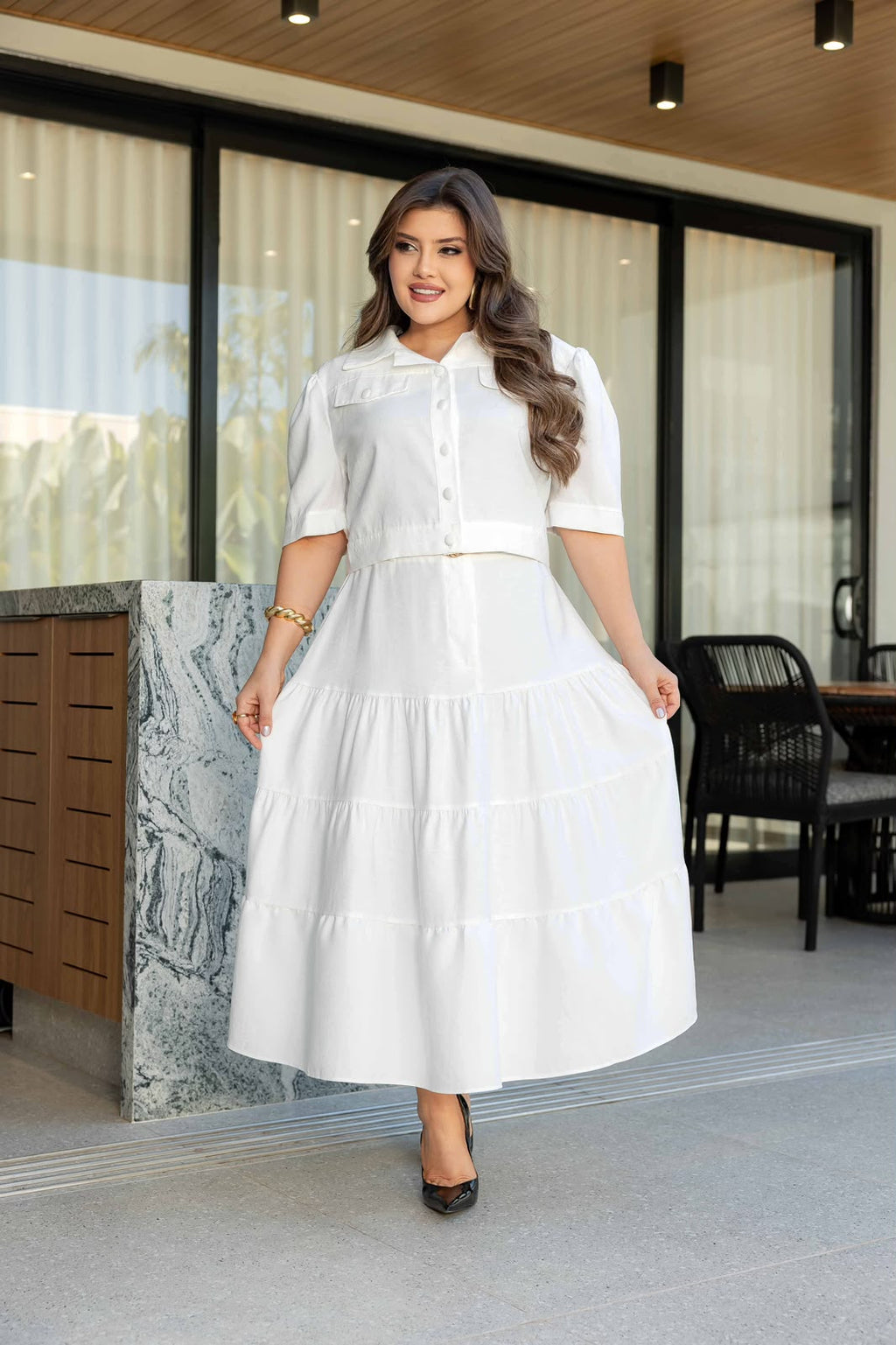 Conjunto Feminino de Blusa e Saia com Cinto – Tecido Sensorial