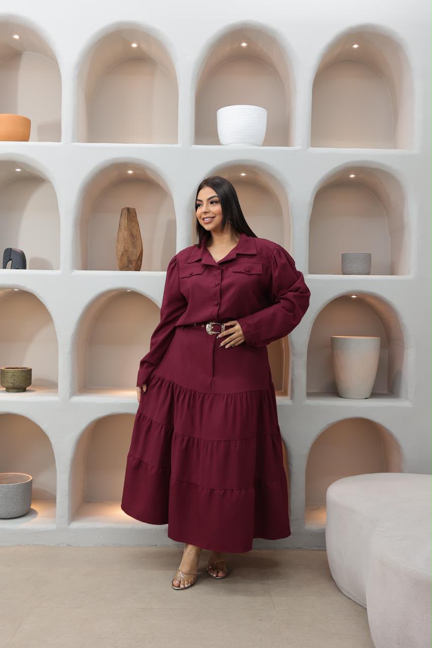 Conjunto Plus Size de Blusa Manga Longa e Saia com Cinto – Tecido Sensorial Marrant