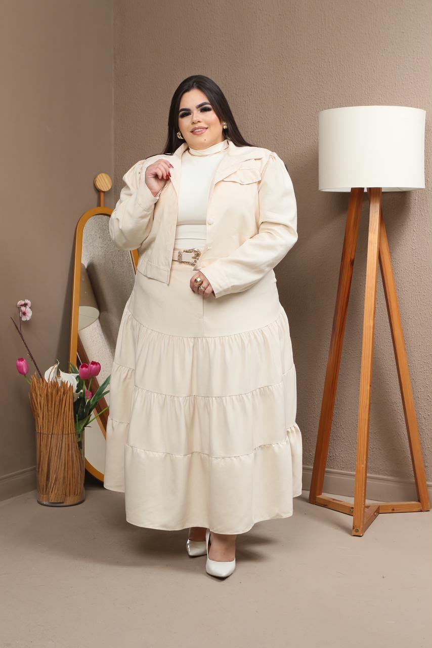 Conjunto Plus Size de Blusa Manga Longa e Saia com Cinto – Tecido Sensorial Marrant