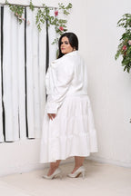 Conjunto Plus Size de Blusa Manga Longa e Saia com Cinto – Tecido Sensorial Marrant