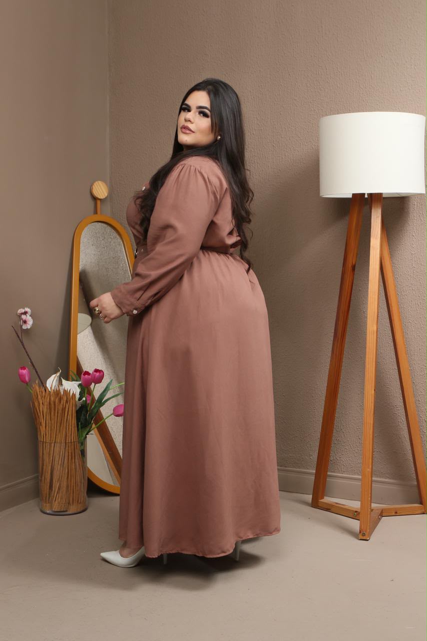 Chemise Longa Plus Size de Manga Longa com Cinto e Bolsos – Tecido Sensorial
