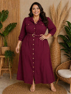 Chemise Longa Plus Size de Manga Longa com Cinto e Bolsos – Tecido Sensorial