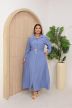Chemise Longa Plus Size de Manga Longa com Cinto e Bolsos – Tecido Sensorial