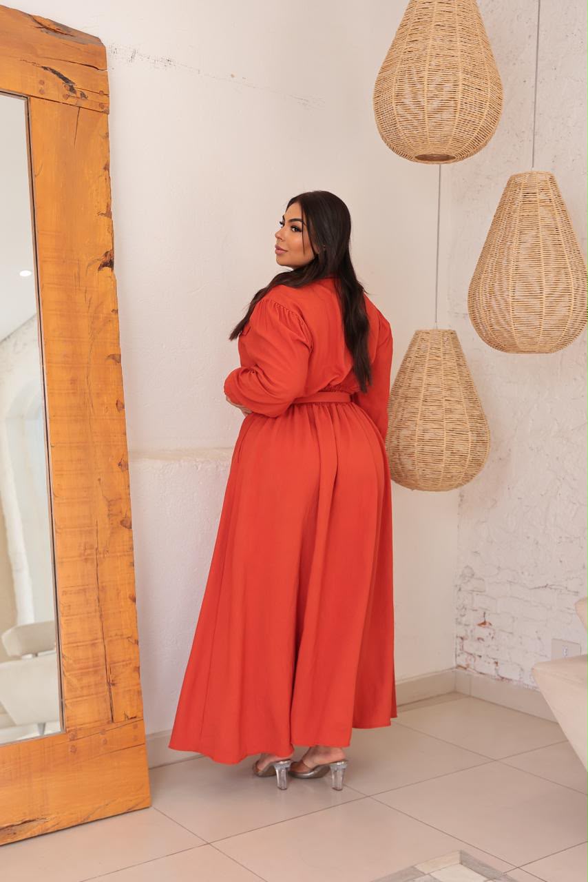 Chemise Longa Plus Size de Manga Longa com Cinto e Bolsos – Tecido Sensorial
