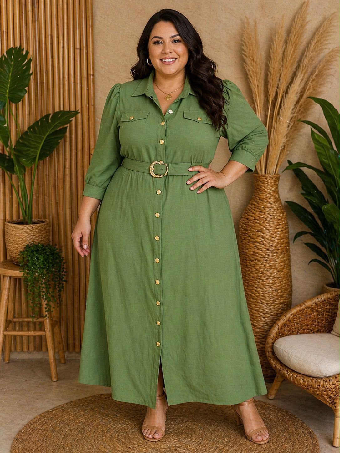 Chemise Longa Plus Size de Manga Longa com Cinto e Bolsos – Tecido Sensorial