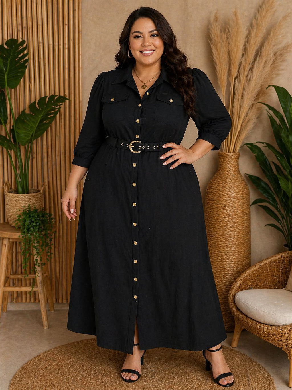 Chemise Longa Plus Size de Manga Longa com Cinto e Bolsos – Tecido Sensorial