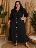Chemise Longa Plus Size de Manga Longa com Cinto e Bolsos – Tecido Sensorial