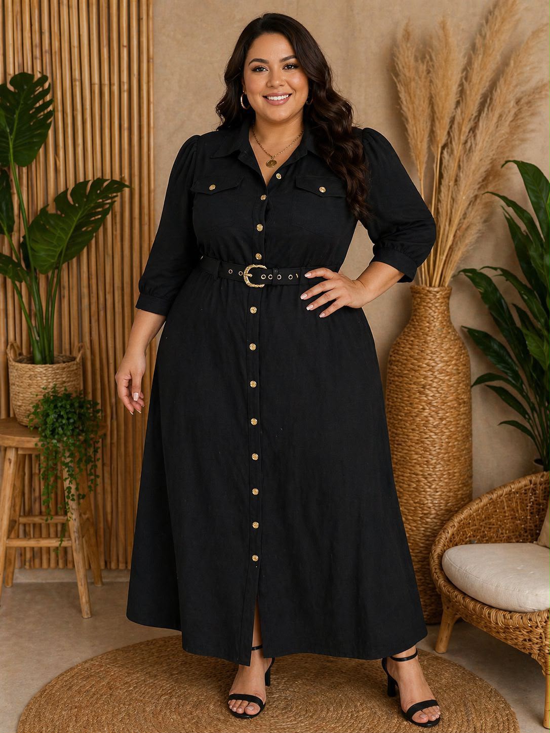 Chemise Longa Plus Size de Manga Longa com Cinto e Bolsos – Tecido Sensorial