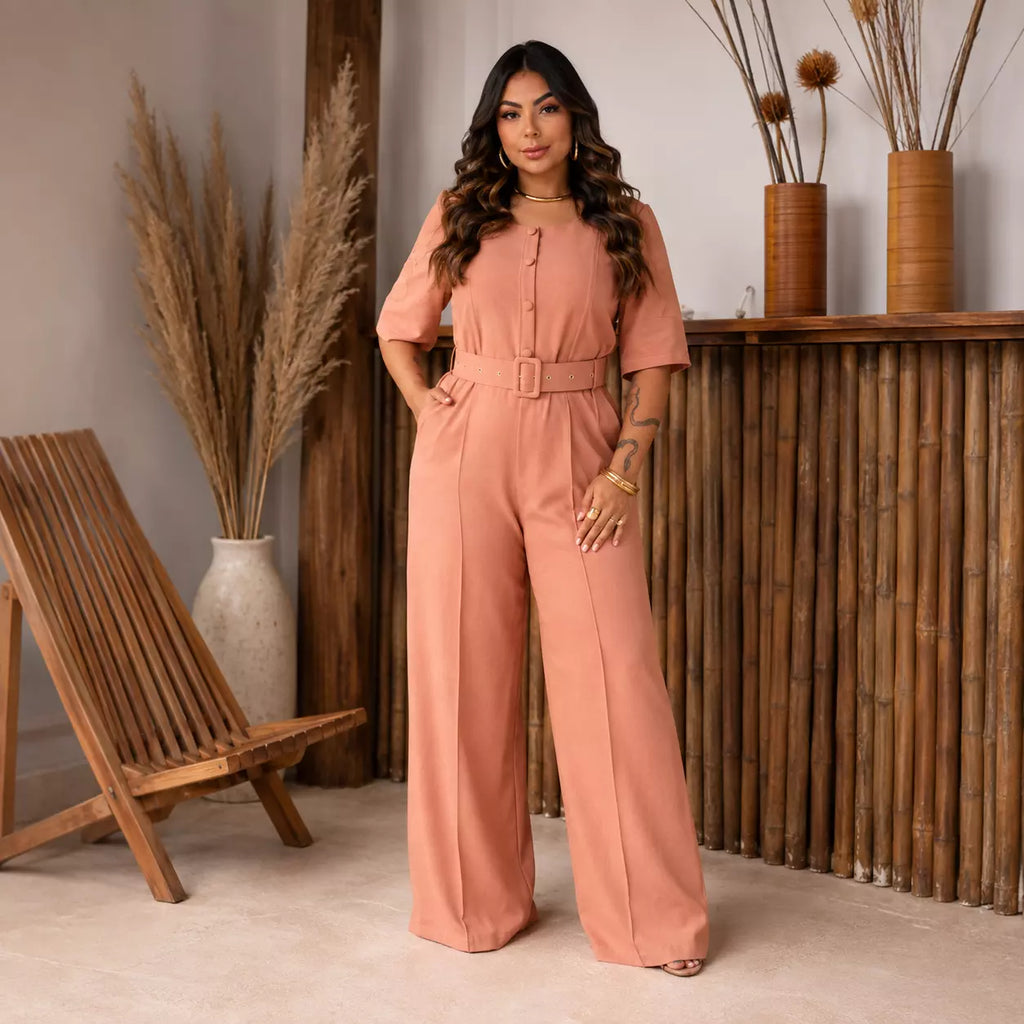 Macacão Longo Plus Size em Linho com Detalhes na Manga, Bolso e Cinto Forrado